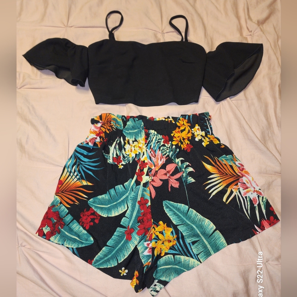 Black Off-Shoulder Top and Floral Shorts Set